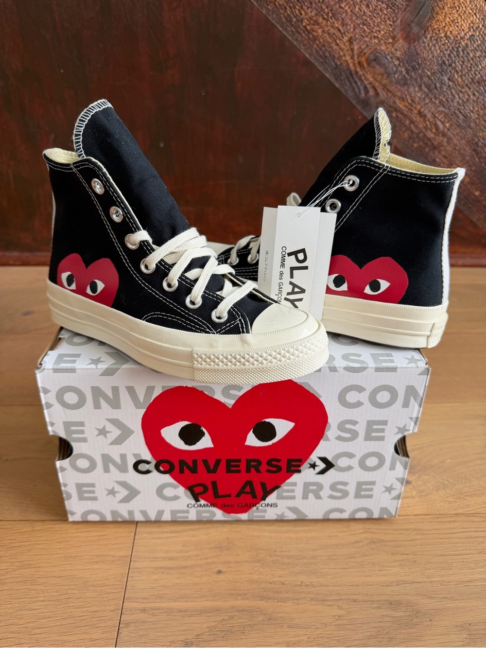 Converse Play Comme des Garçons Black Red Heart High Top Sneakers Men 3 Women 5